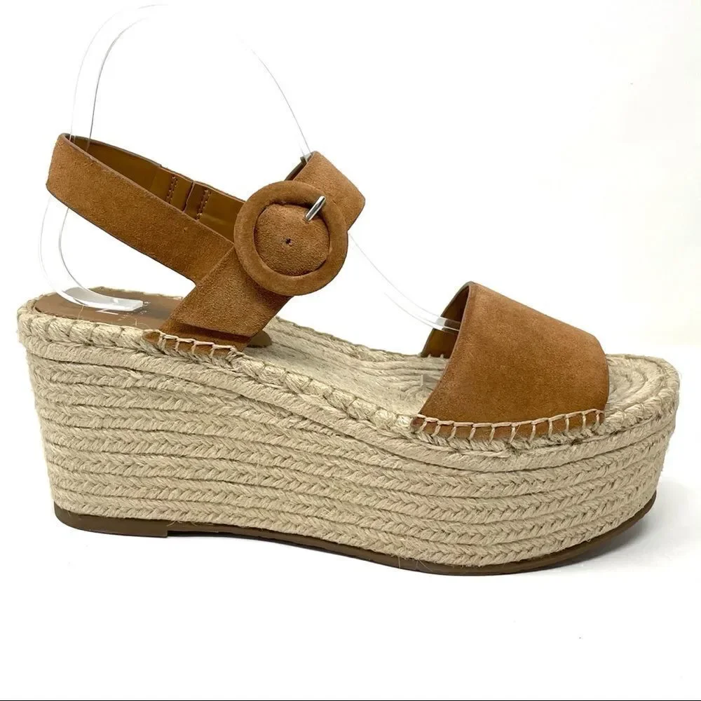 Marc Fisher LTD Rex Suede Platform Wedge Espadrille Sandals Tan Peep Toe 10 NIB